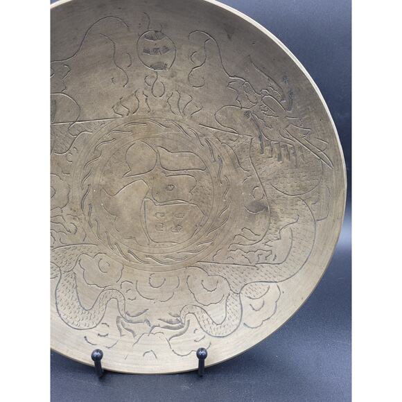 Antique Chinese Etched Heavy Brass Dragon Bowl Dish Hand Carved - Picture 3 of 5